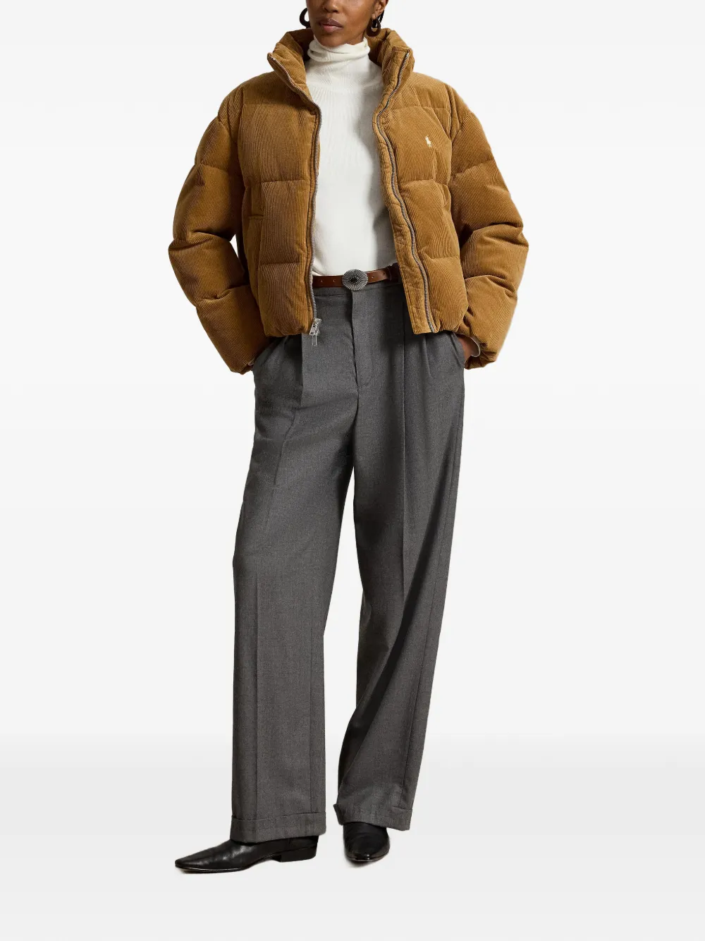 Tan jacket, full body view