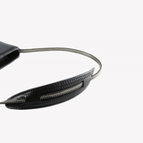 Close up of the black bag, showing texture of the leather fabric