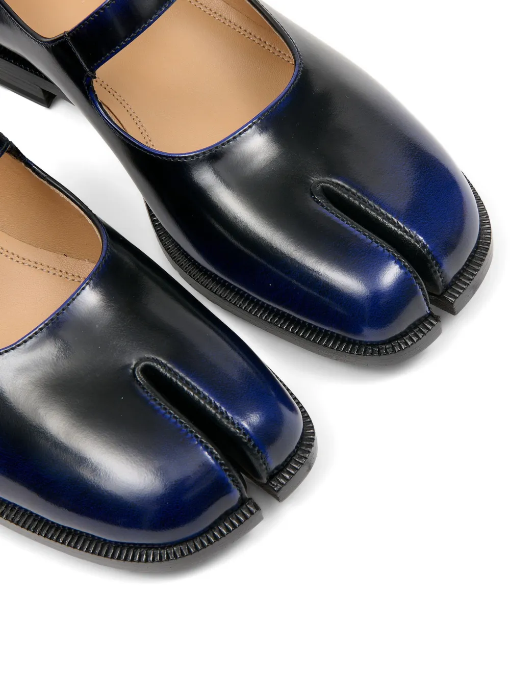 Close up of the black derbys, showing texture of the leather