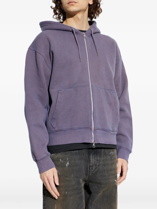 purple hoodie  worn by a person, showing the hoodie 's fit