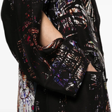 Close up of black jacket, showing texture of the silk fabric