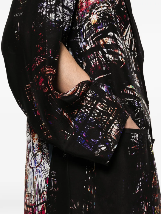 Close up of black jacket, showing texture of the silk fabric