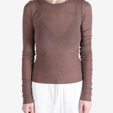 Brown t-shirt worn by a person, showing the t-shirt fit