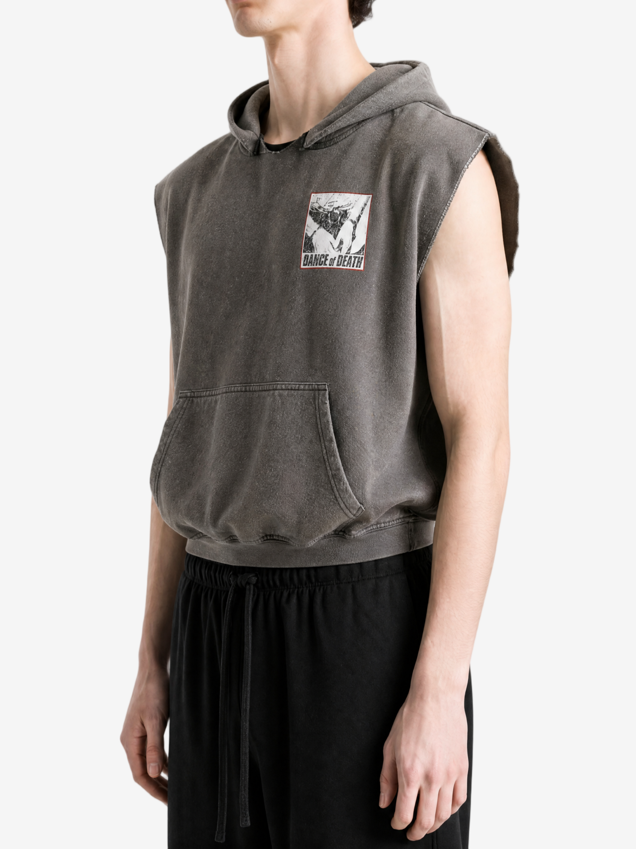 Grey hoodie worn by a person, showing the hoodie fit