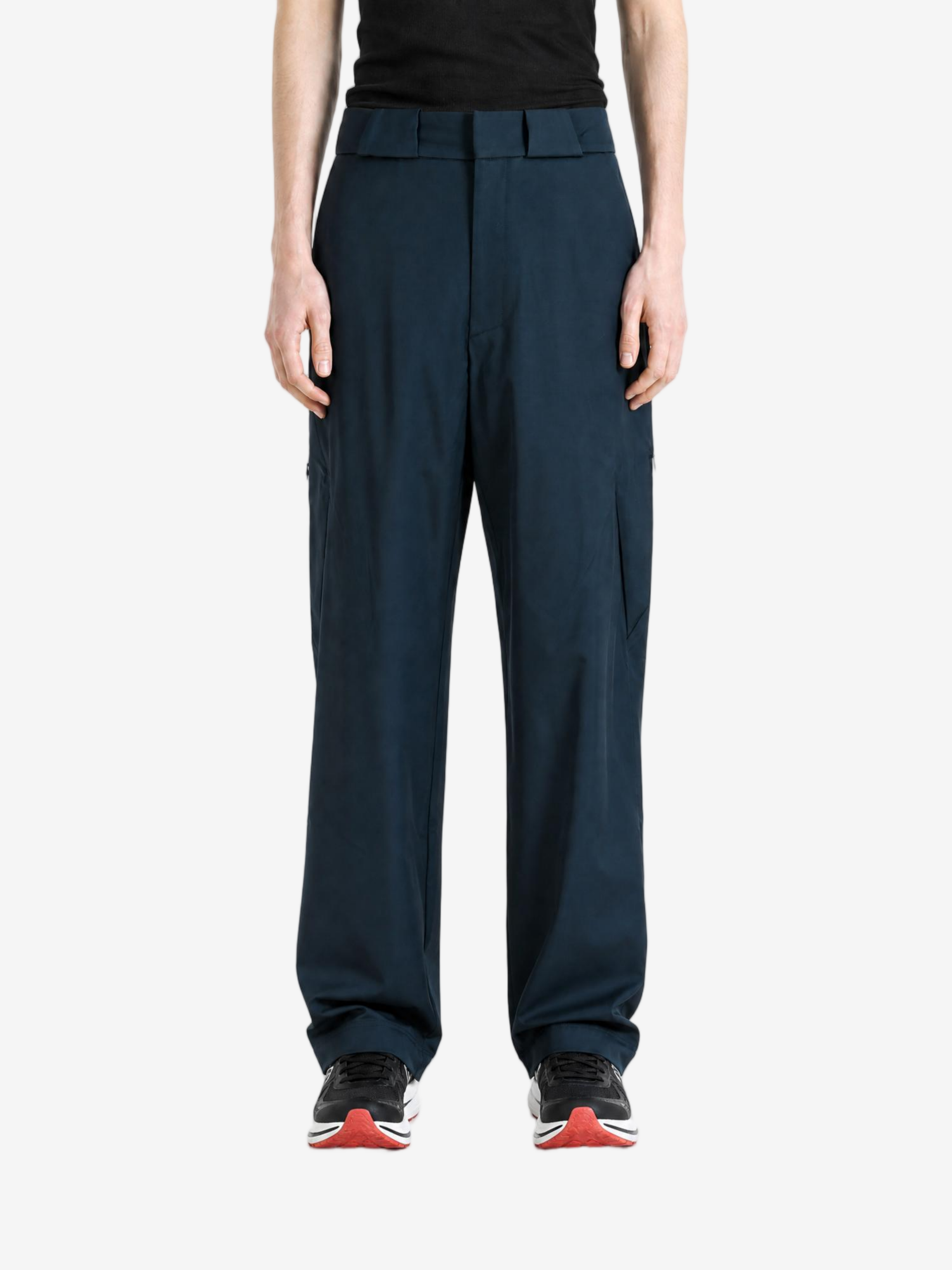 Navy pants, full body view