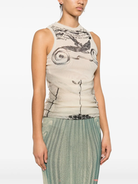 JEAN PAUL GAULTIER - Women Printed "Tattoo Rose & Bird" Double Layer Mesh Tank Top