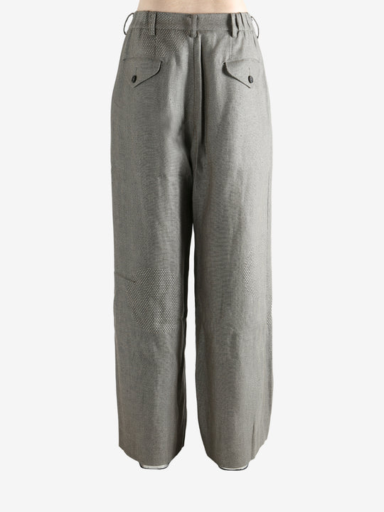 Grey pants worn by a person, showing the pants' fit