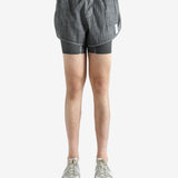 Grey shorts worn by a person, showing the shorts fit