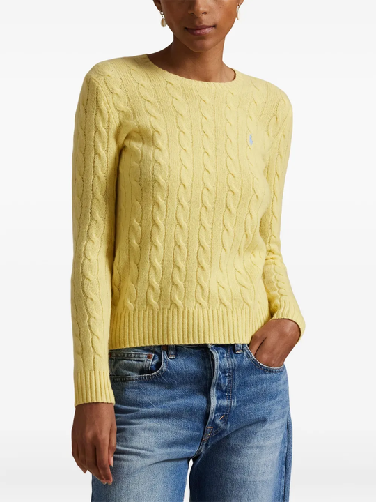 Yellow pullover worn by a person, showing the pullover fit