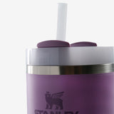 Close up of purple tumbler, showing texture of the stainless steel fabric
