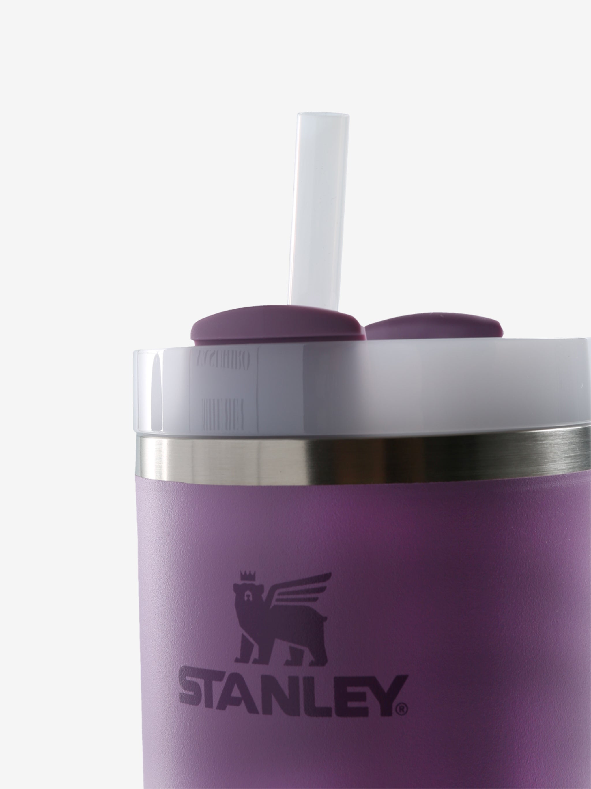 Close up of purple tumbler, showing texture of the stainless steel fabric