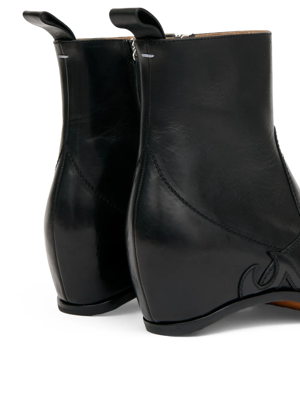 Close up of black boot, showing texture of the Calf Leather fabric