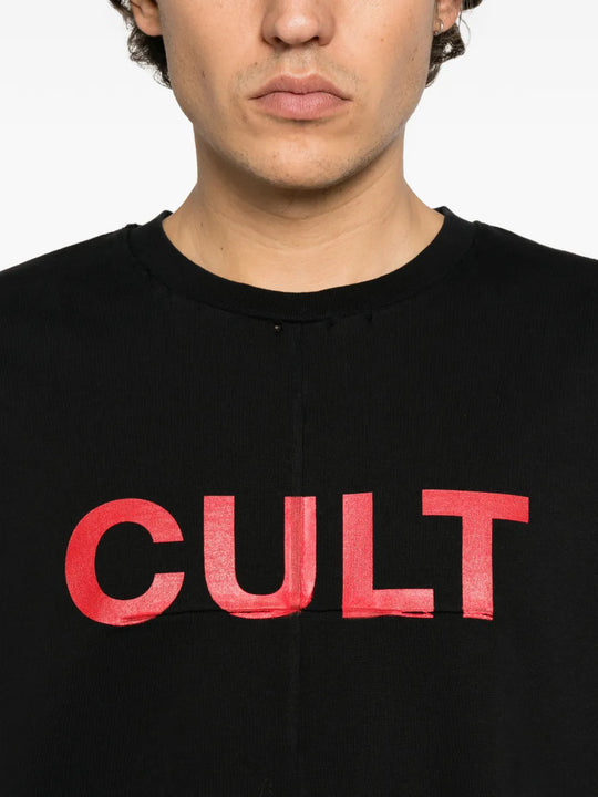 Black t-shirt worn by a person, showing the t-shirt fit