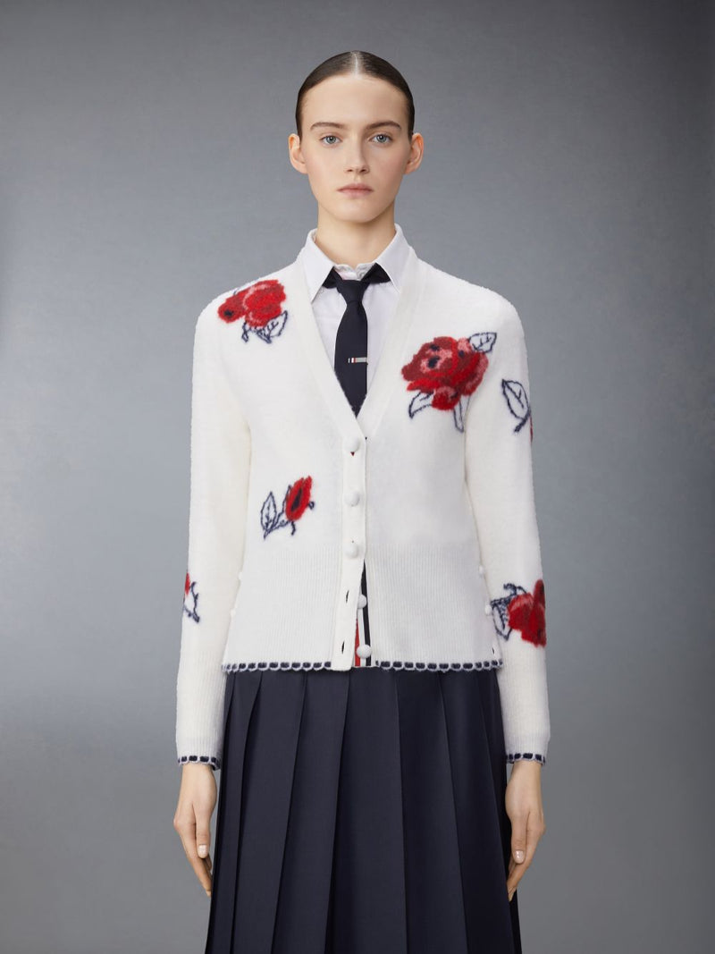 THOM BROWNE - Women Brushed Rose Jersey Intarsia V Neck Cardigan In Merino Wool