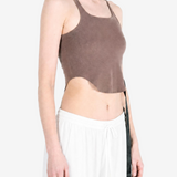 Brown top worn by a person, showing the top fit