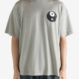 Gray t-shirt worn by a person, showing the shirt's fit