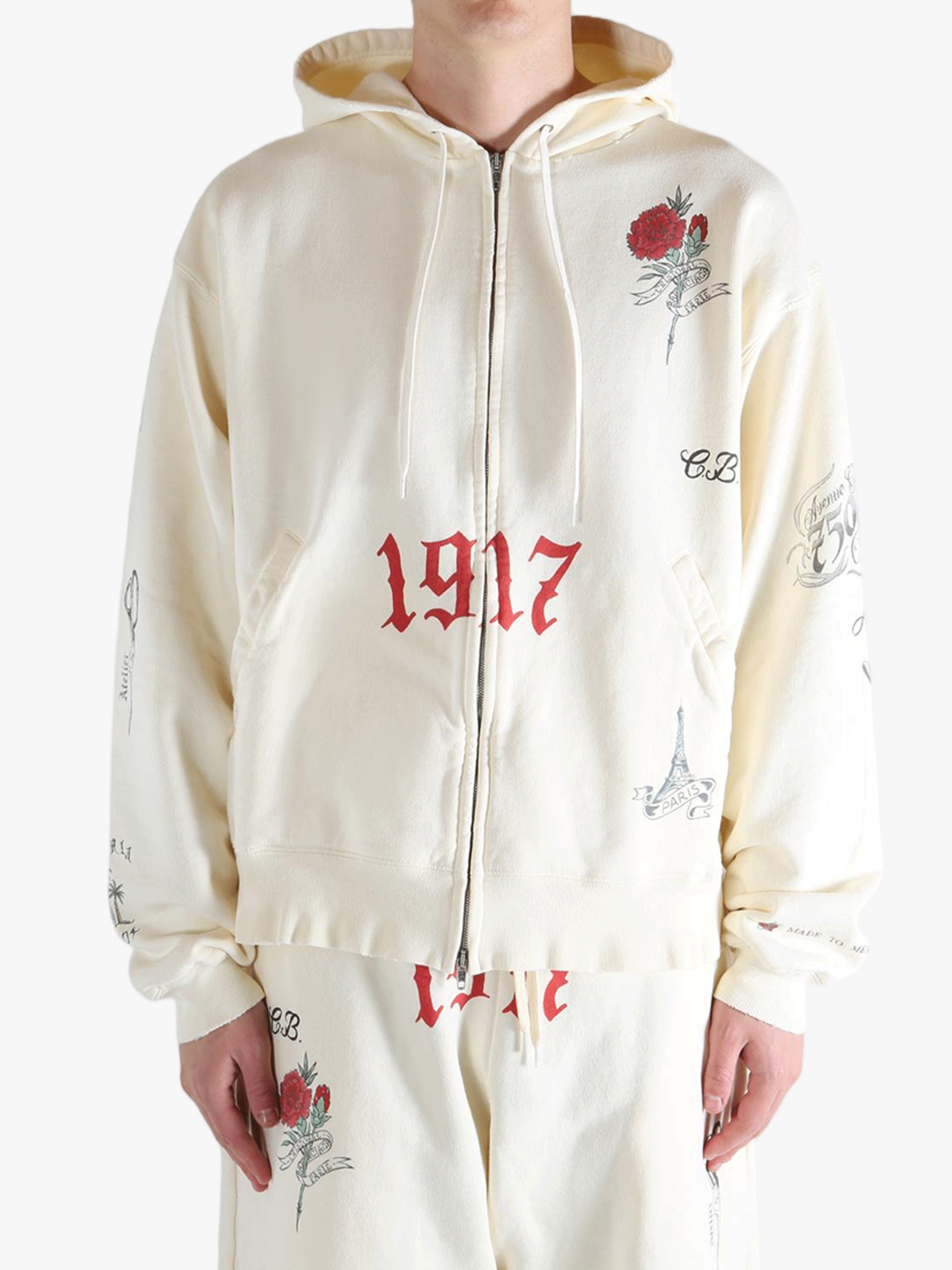 White hoodies worn by a person, showing the hoodies fit