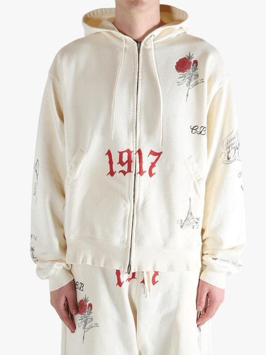White hoodies worn by a person, showing the hoodies fit