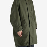 Green coat worn by a person, showing the coat fit