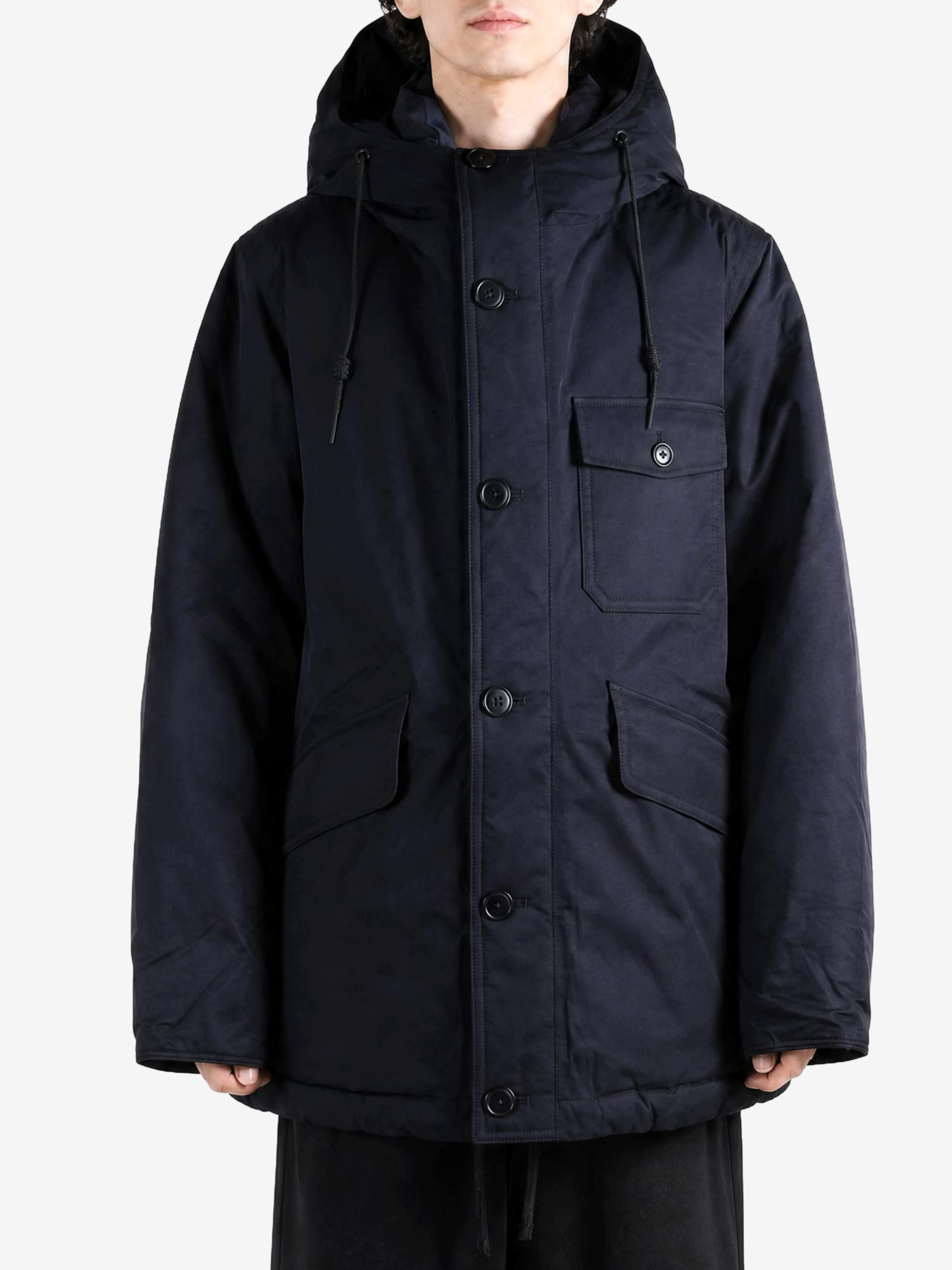 Navy jacket, full body view
