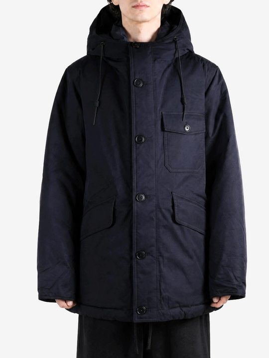 Navy jacket, full body view