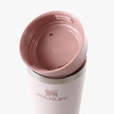 Close up of pink cup, showing the detail of the lid