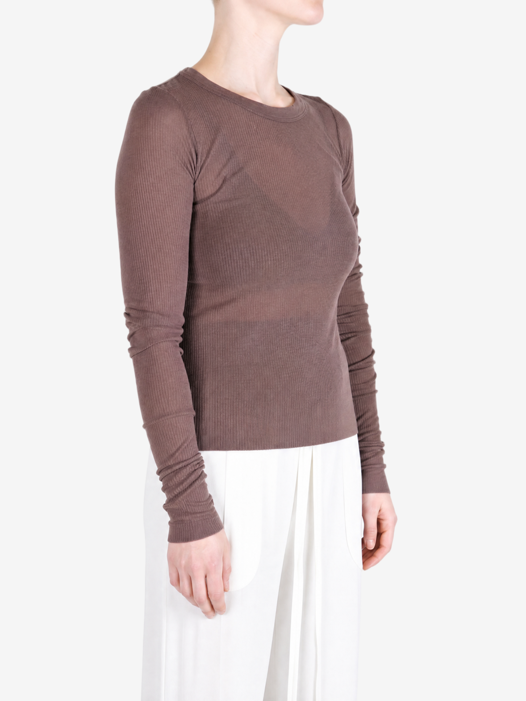 Brown t-shirt worn by a person, showing the t-shirt fit