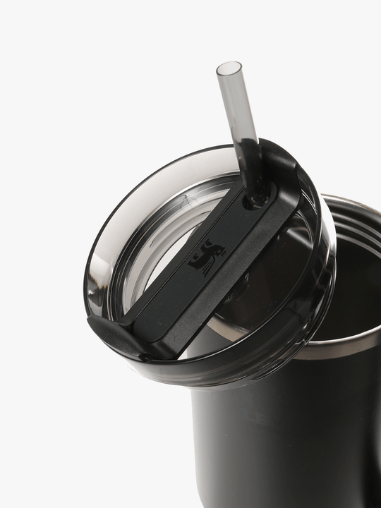 Close up of black cup,showing texture of the stainless steel fabric