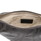 Close up of the grey bag, showing texture of the cotton fabric