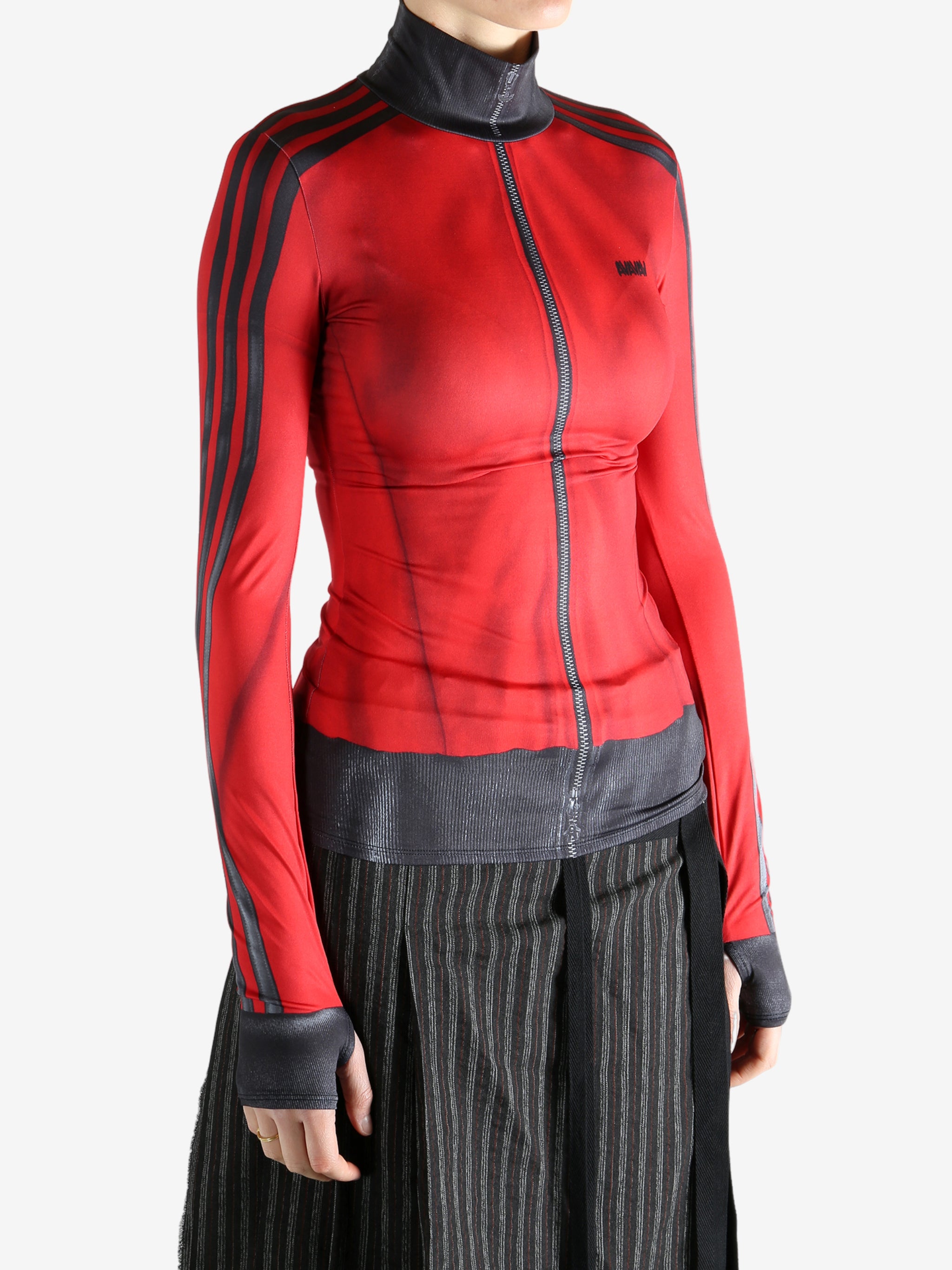 red jacket worn by a person, showing the jacket fit