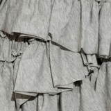 Close up of grey short, showing texture of the cotton fabric