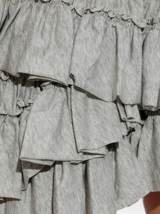 Close up of grey short, showing texture of the cotton fabric