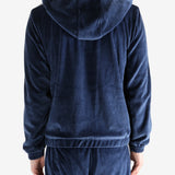Navy hoodie worn by a person, showing the hoodie's fit