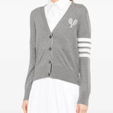 THOM BROWNE - Women Tennis Racquets Intarsia V Neck Cardigan