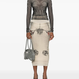 Tan skirt, full body view