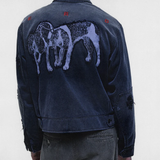 Navy jacket, full body view