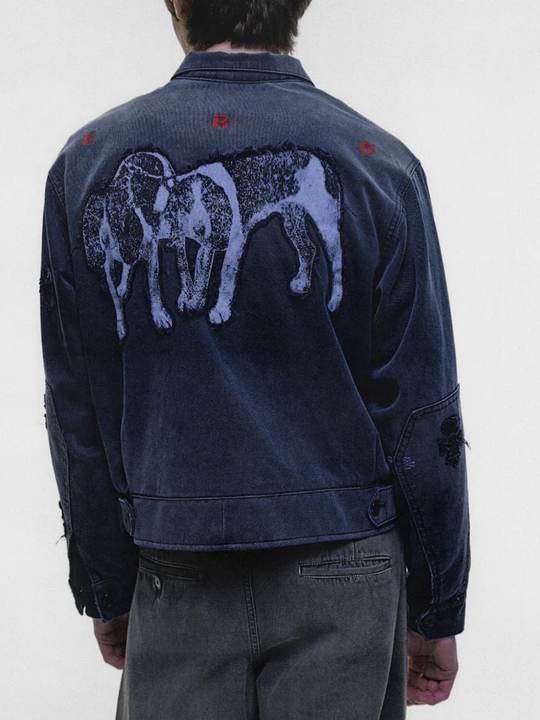 Navy jacket, full body view