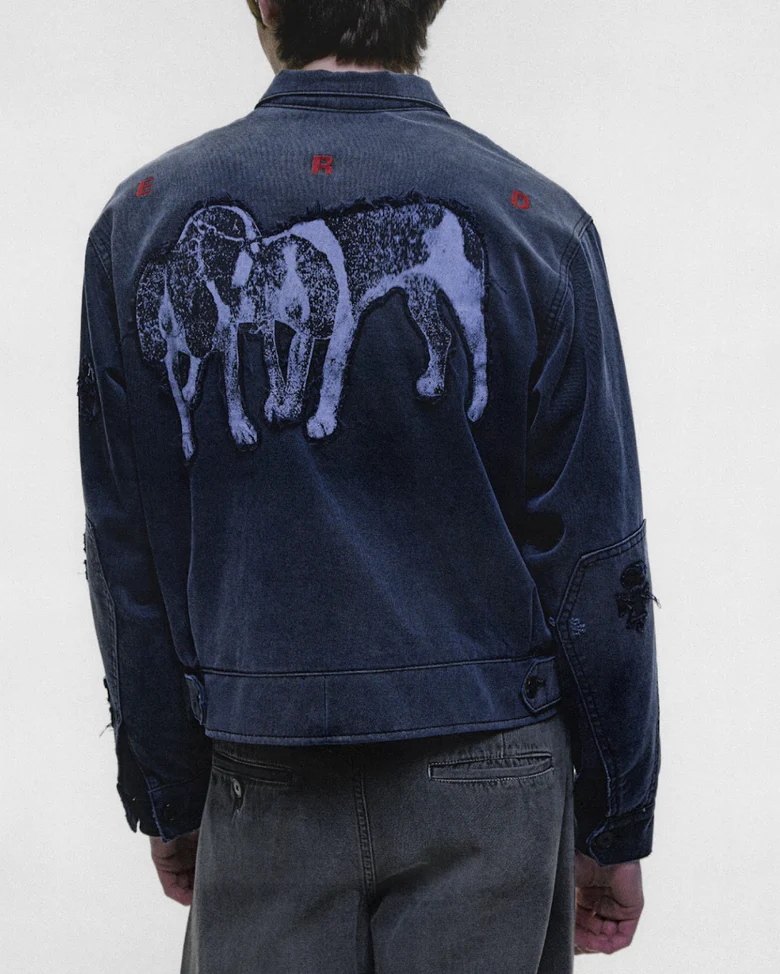 Navy jacket, full body view