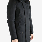 Black coat worn by a person, showing the coat's fit