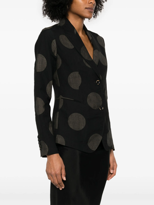 Black polka dot jacket worn by a person, showing the jacket fit