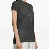 Black t-shirt worn by a person, showing the t-shirt fit