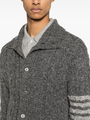 THOM BROWNE - Men Mixed Cable Stitch Mock Neck Cardigan In Donegal