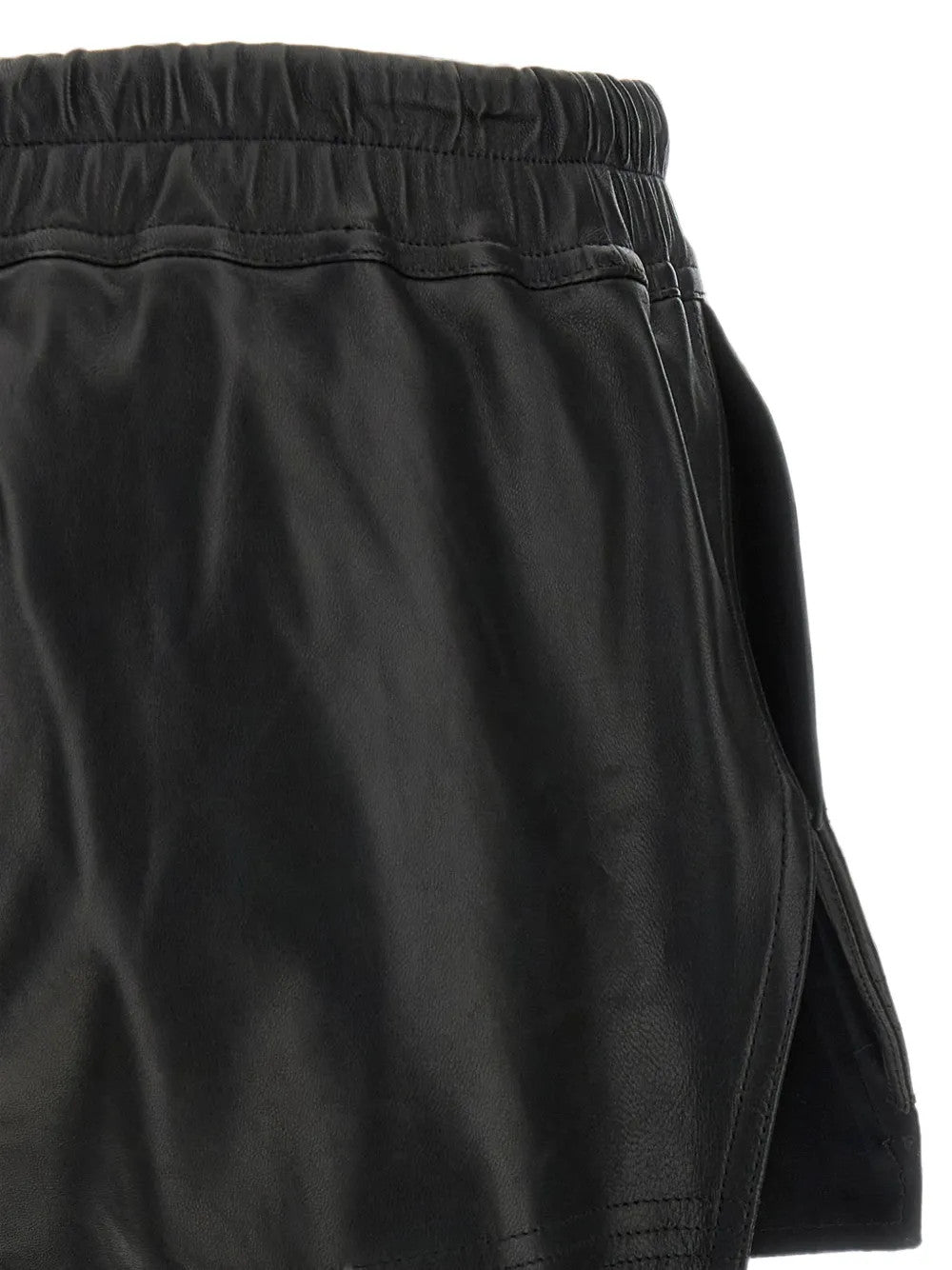 Close up of Black shorts, showing texture of the 48% alpaca/ 30% nylon/ 20% wool/ 2% spandex fabric