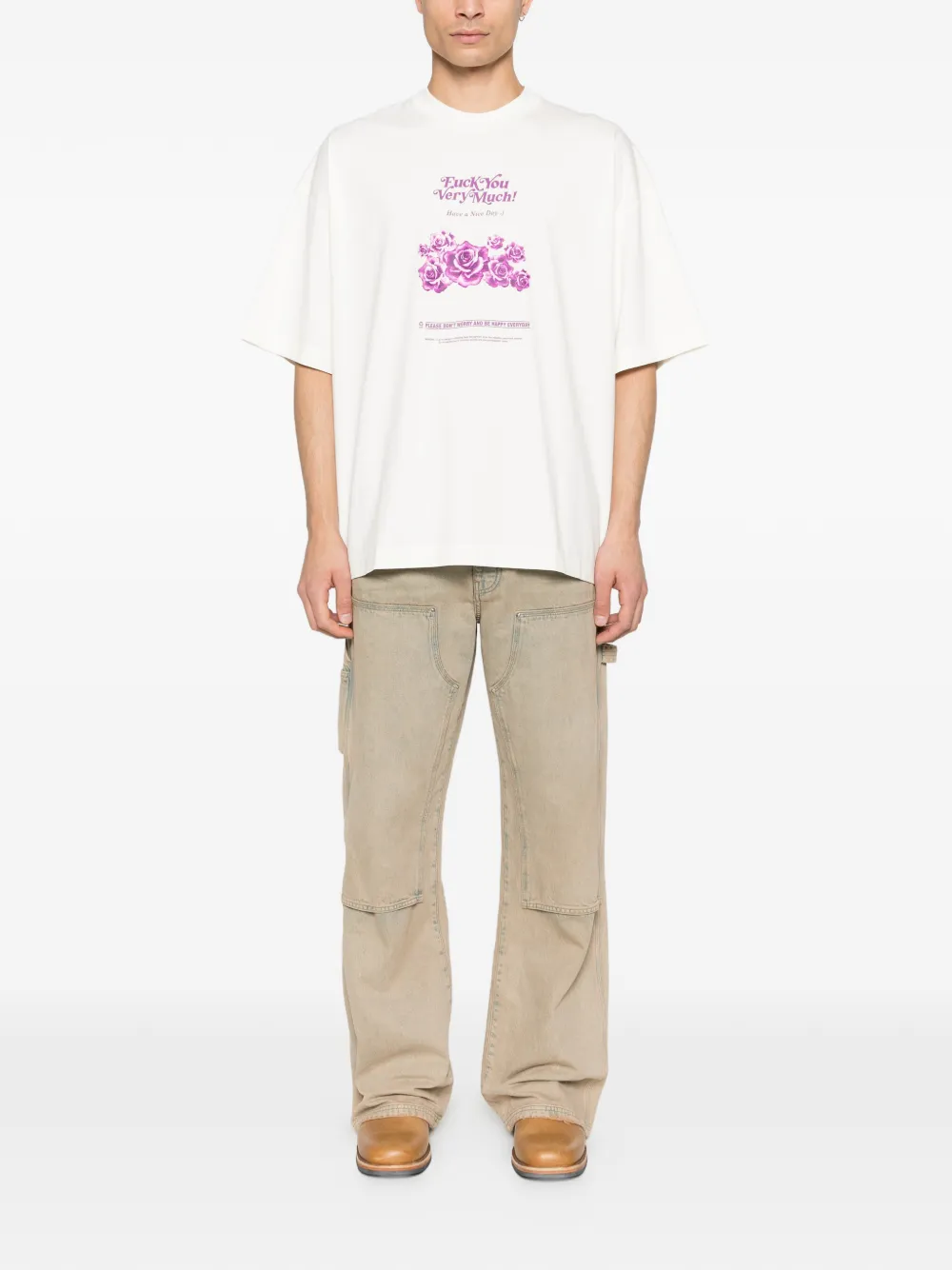 tan t-shirt, full body view