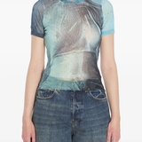 Blue t-shirt worn by a person, showing the shirt's fit