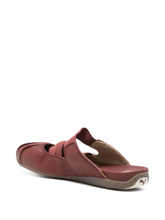 Burgundy shoes, side view