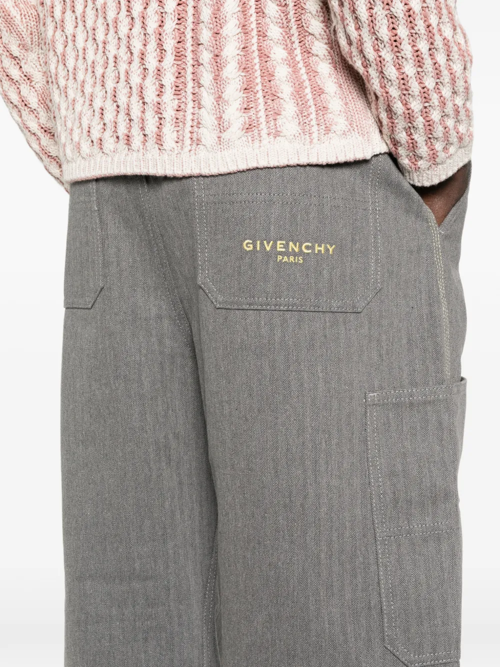 Close up o grey pants,showing texture of the cotton fabric