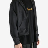 Black hoodie worn by a person, showing the hoodie's fit