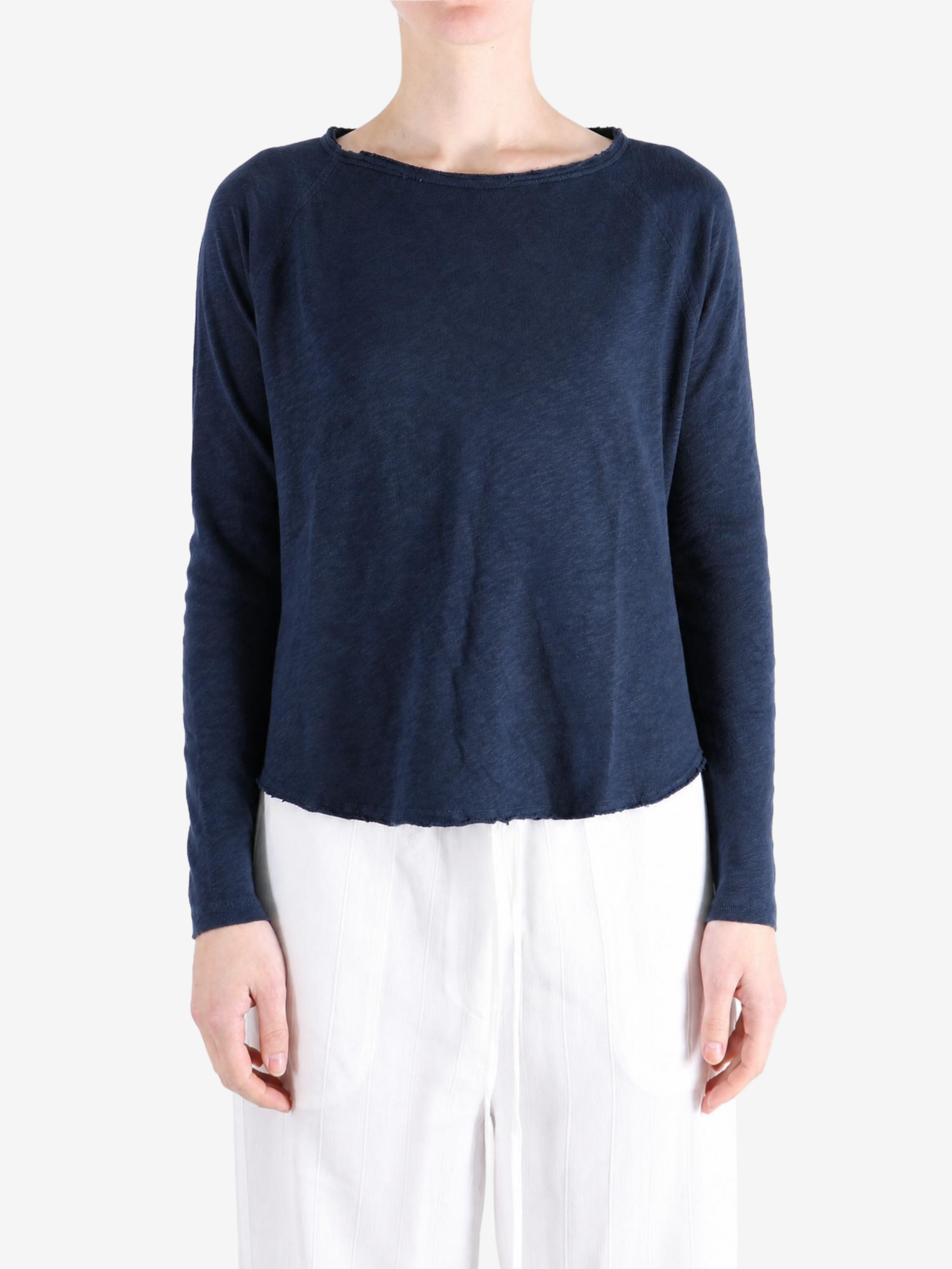 Navy t-shirt worn by a person, showing the t-shirt fit