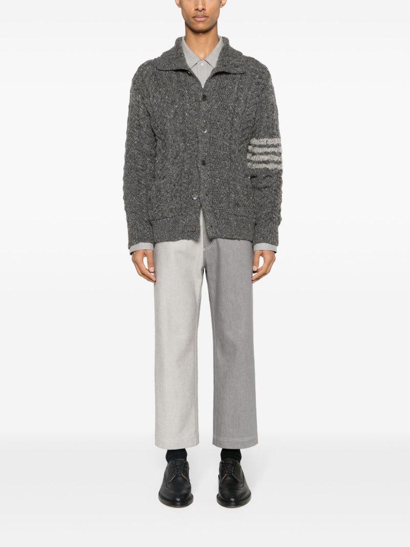 THOM BROWNE - Men Mixed Cable Stitch Mock Neck Cardigan In Donegal